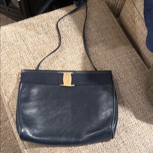 Elegant vintage Salvatore Ferragamo Navy Blue Leather Shoulder Bag